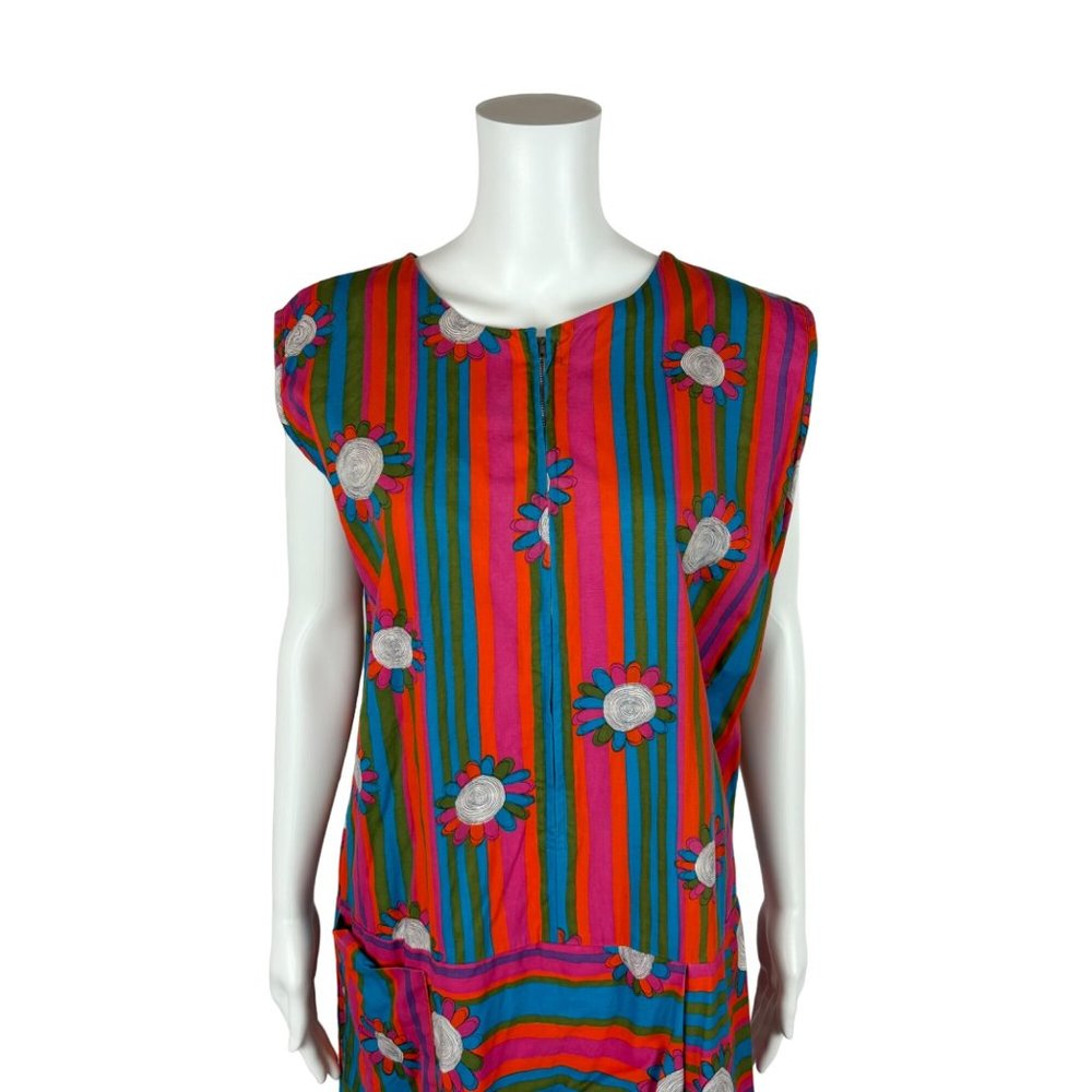 Vintage 60s Striped Romper Women's 1X Colorful Sleeveless Floral Zip Up Playsuit - Picture 2 of 11